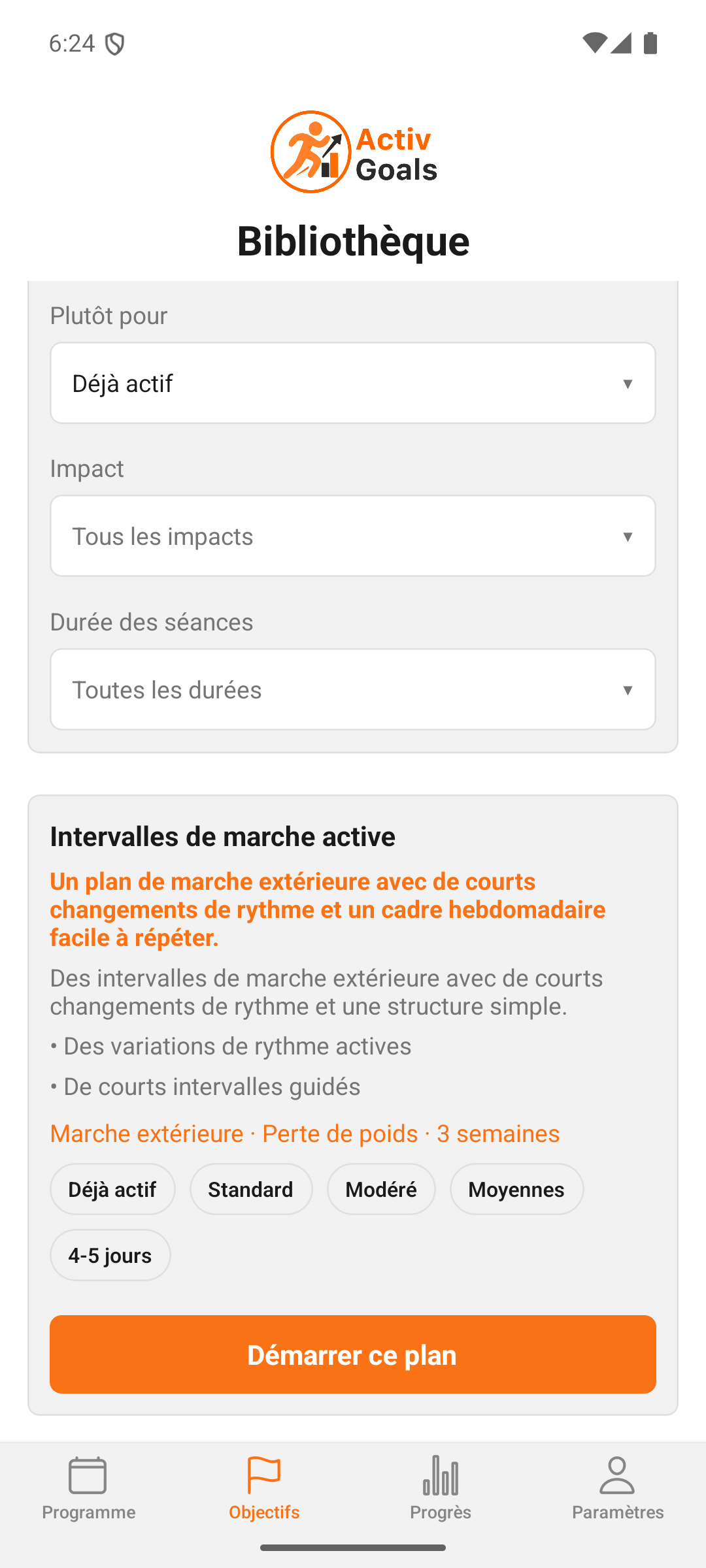 Interface ActivGoals avec plan de marche